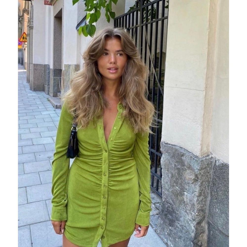 With Jéan Andy Green Ruched Button Front Stretch Mini Shirt Dress M Unworn
